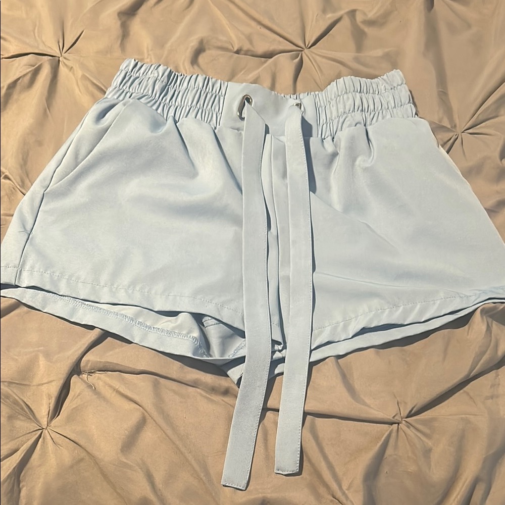 High Waist Blue Shorts with Elastic Waistband and Drawstring